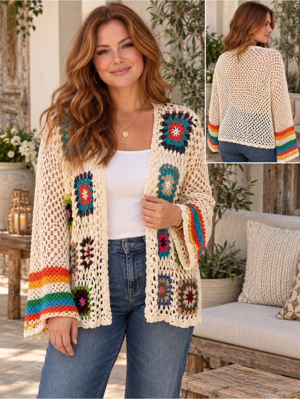 363 NWOT Boho Granny Square Crochet Open-Front Sweater Cardigan Size Large